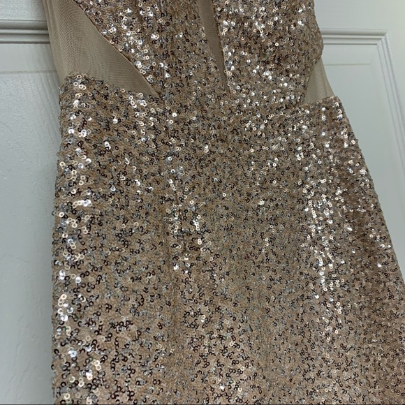 AIDAN BY AIDAN MATTOX Champagne Silver Halter Sequin Illusion Cut Open Back Gown - Picture 6 of 15